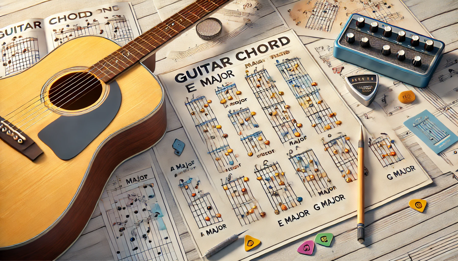 an open guitar chord chart showing basic chords like E major, A major, and G major. 