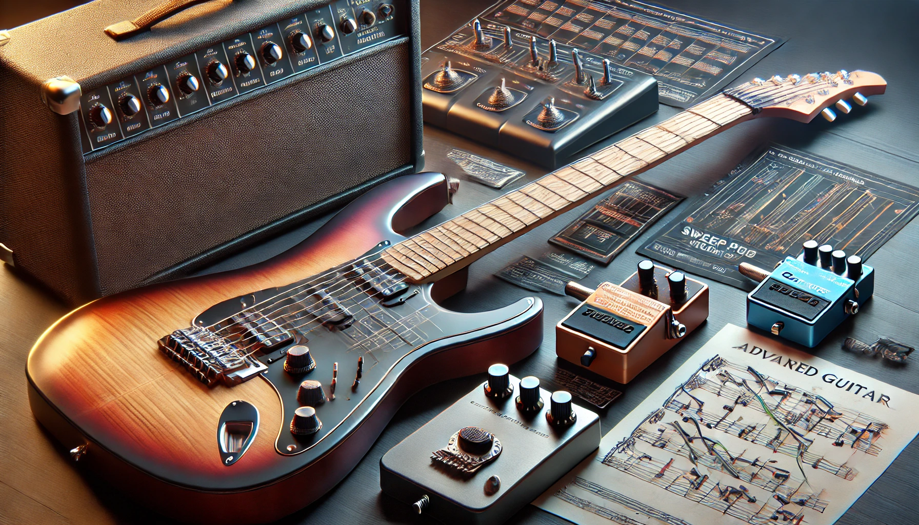 a close-up of a guitar fretboard with highlighted finger placements for advanced techniques like sweep picking and legato. 