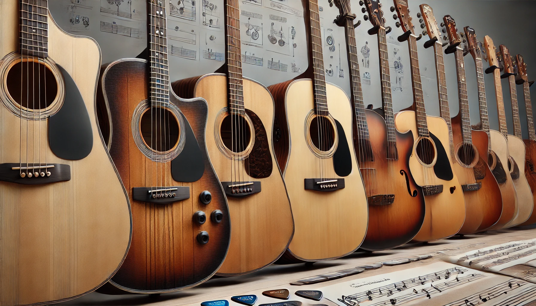 various guitars lined up, featuring acoustic, electric, classical, and bass guitars.