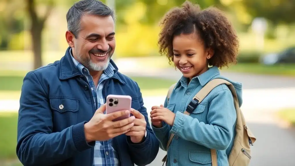 A smiling parent using a phone to monitor their child's location for safety.