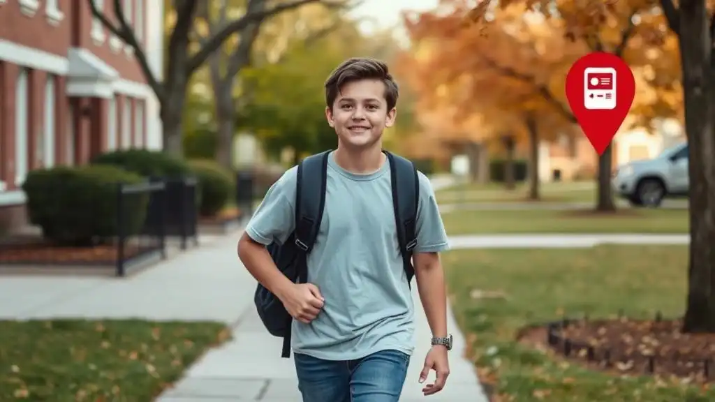 A teenager walking to school with location tracking enabled for parent monitoring.