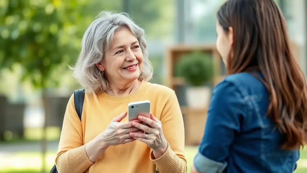 A middle-aged woman talking to her teenage daughter and holding a smartphone in her hands