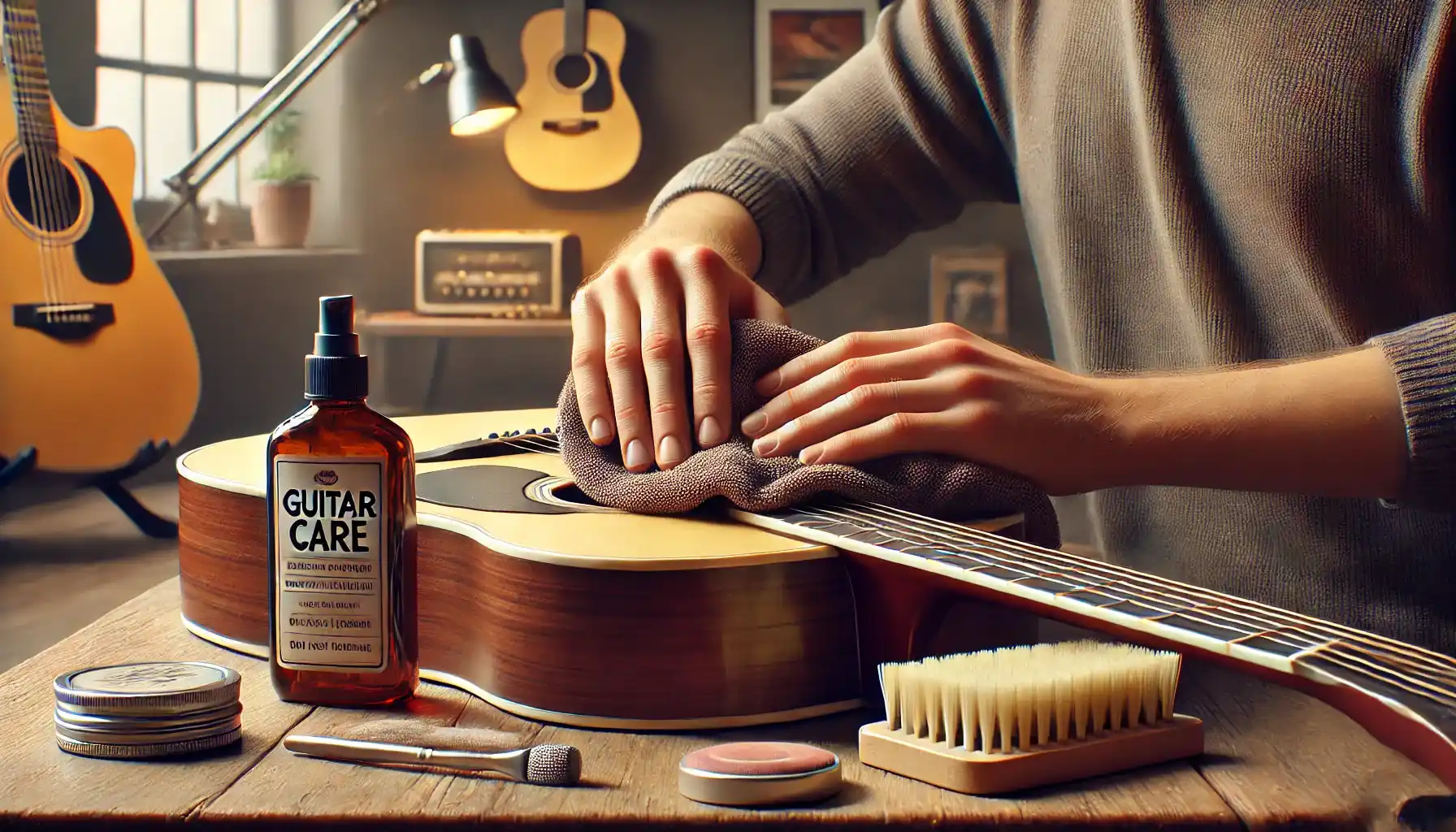 A musician carefully cleaning a guitar with a soft microfiber cloth. 