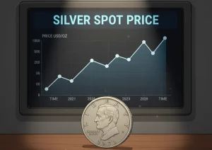 silver coin on the background of a linear chart