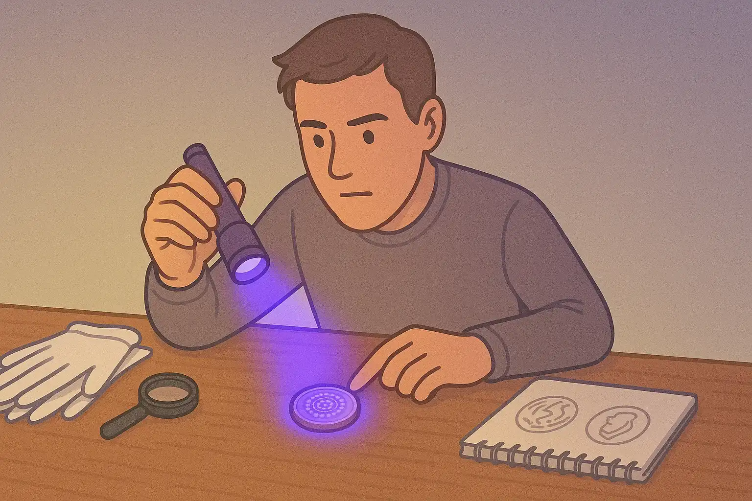 A collector checks a coin for the signs of a counterfeit via the UV-light.