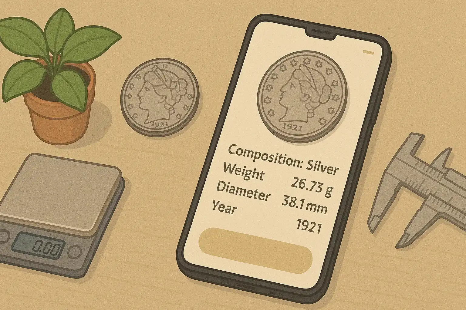 A table layout with a coin scanner app and anti-counterfeit tools.